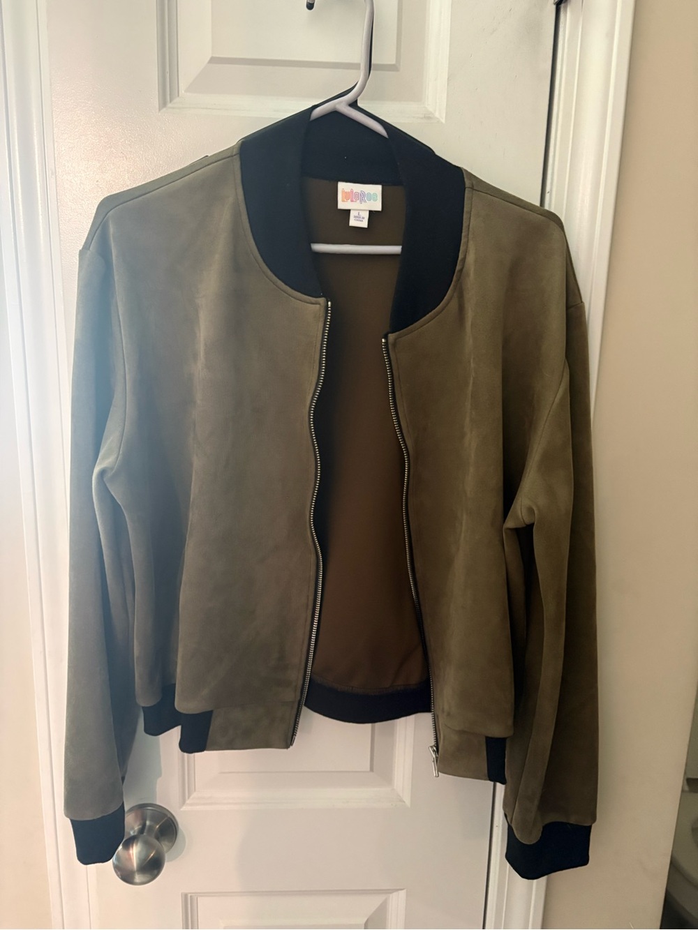 LuLaRoe Olive Green Suede Bomber Jacket with Black Trim